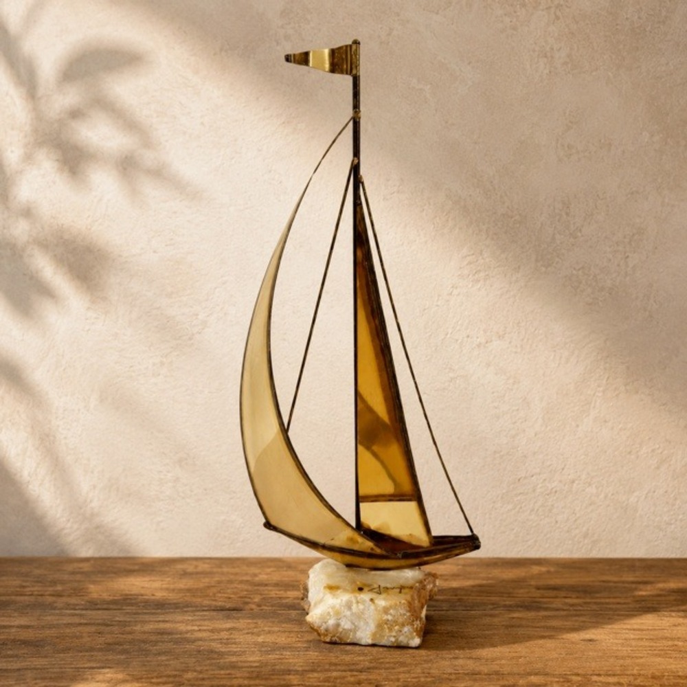 Signed‎ Mario Jason Brass Sailboat Sculpture Gold Tone Stone Base 15" Vintage